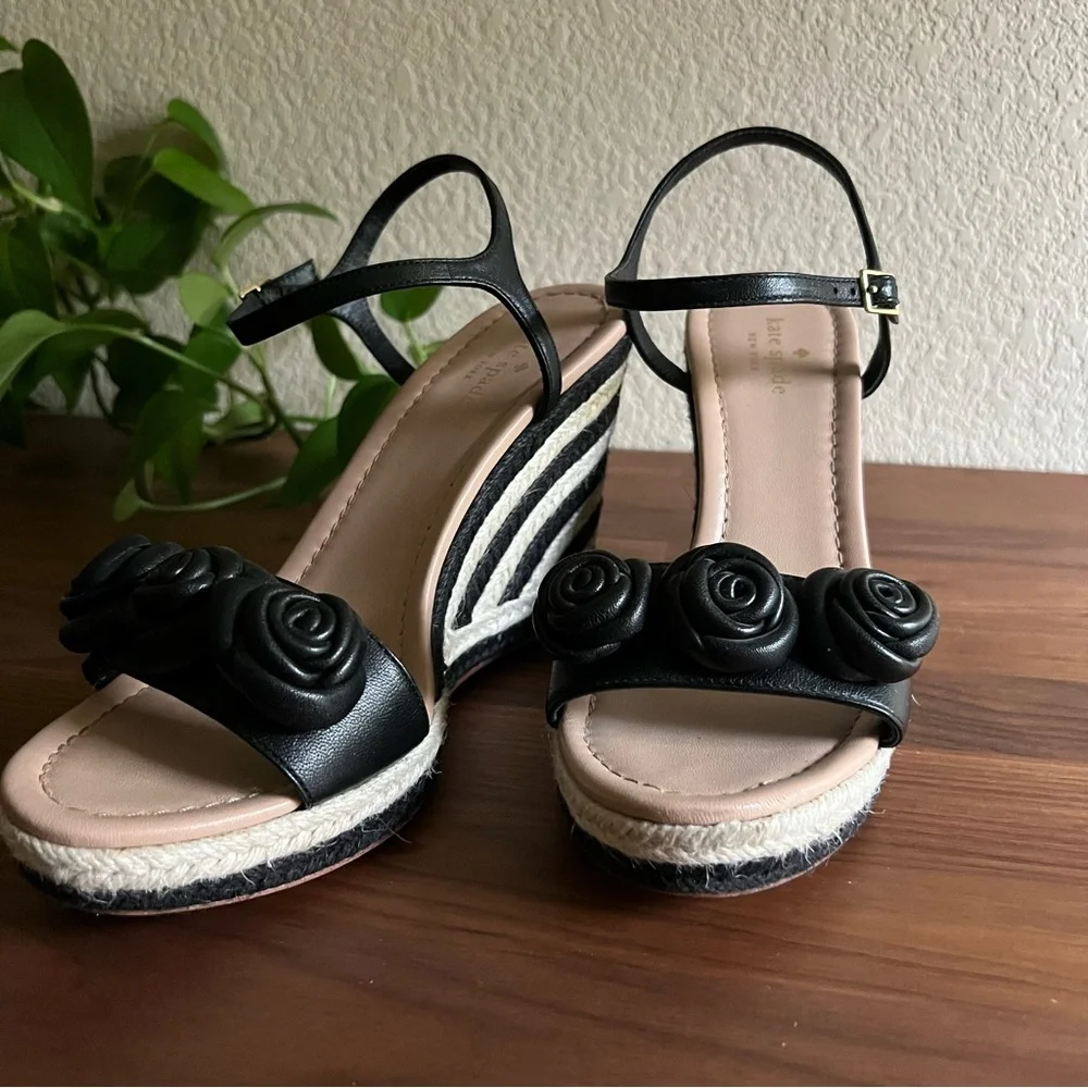 Kate Spade New York Jill Rosette Black Cream Espadrille Platform Wedge Sandals